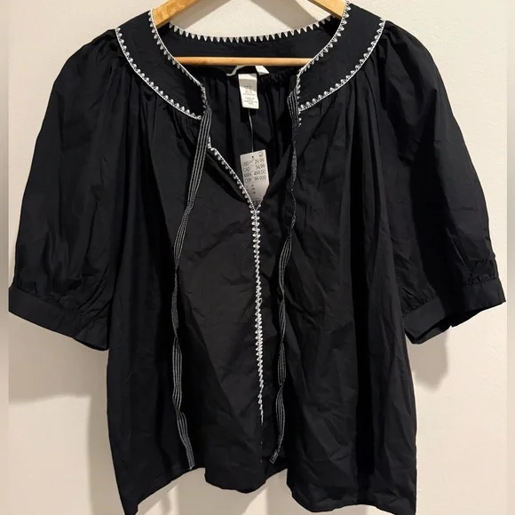 H&M NWT Black Embroidered Blouse Puff Sleeve Contrast Stitch Boho Statement Top - Picture 3 of 12